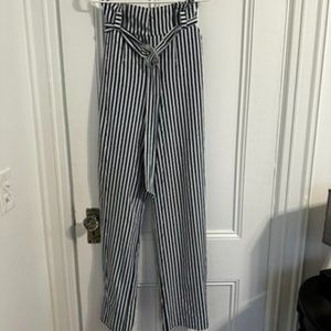 New York and Company Blue & White Stripe Pants with Buckle